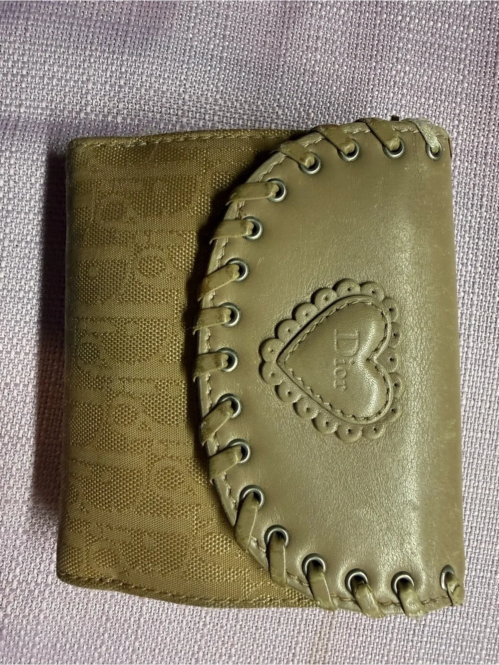 Dior Beige Heart-Embossed Bifold Wallet with Whipstitch Trim